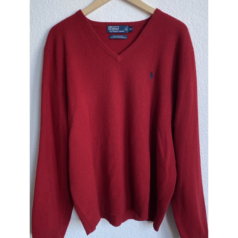 POLO Ralph Lauren Men's XL red V-Neck lambswool sweater, navy pony g‎
